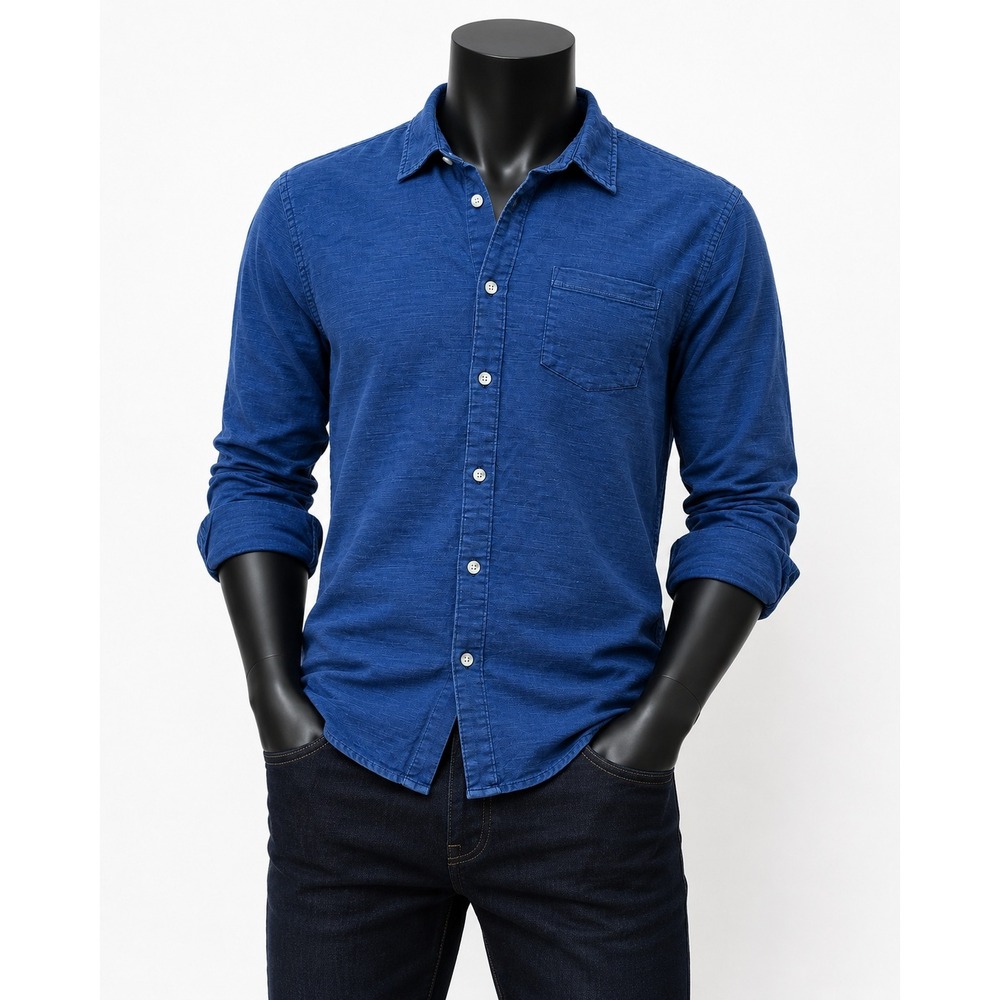 Marine Layer Mens Small Blue Slub Long Sleeve Button Down Shirt Pocket Front